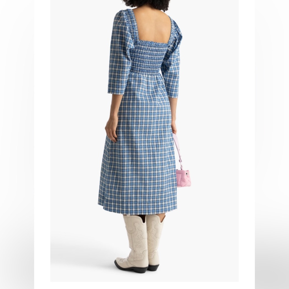 GANNI Seersucker Check Smock Midi Dress - Azure Blue size 8 - Picture 5 of 14